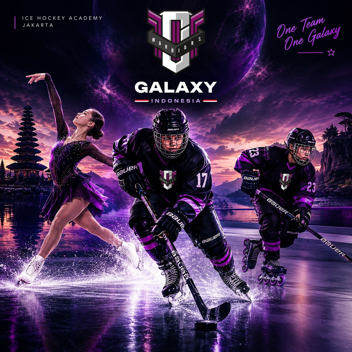 Galaxy Indonesia: a hockey player, a roller hockey player and a skater on the ice under the Warriors crest