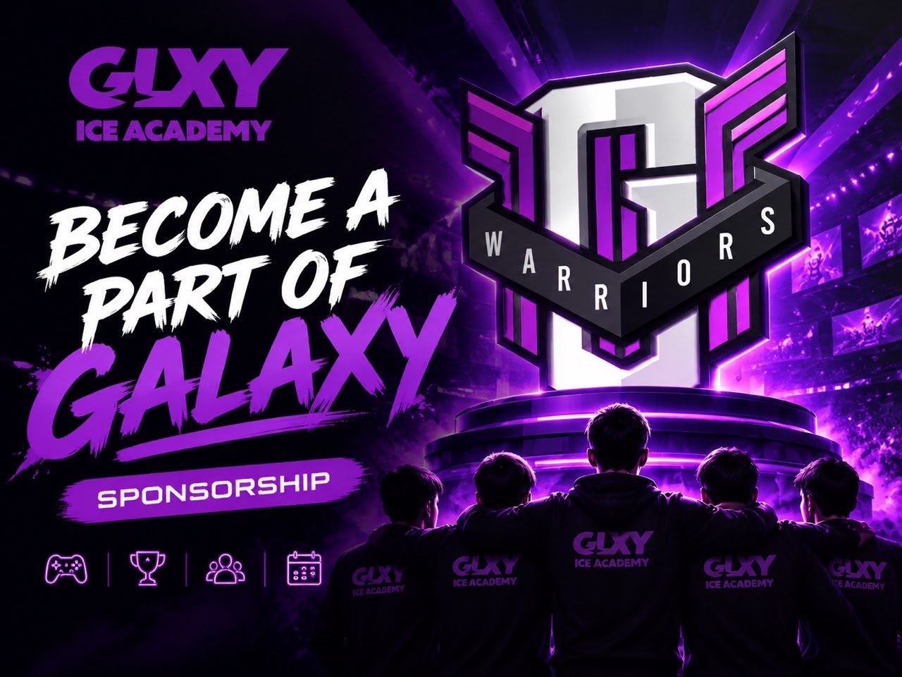 Стань частью Galaxy: баннер спонсорства с гербом Galaxy Warriors и командой в форме GLXY Ice Academy